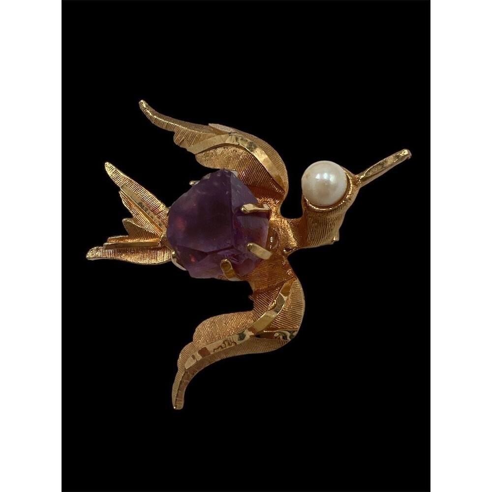 Vintage Bird Brooch Jelly Belly Tested Real Pearl And Amethyst Sparrow Gold Tone
